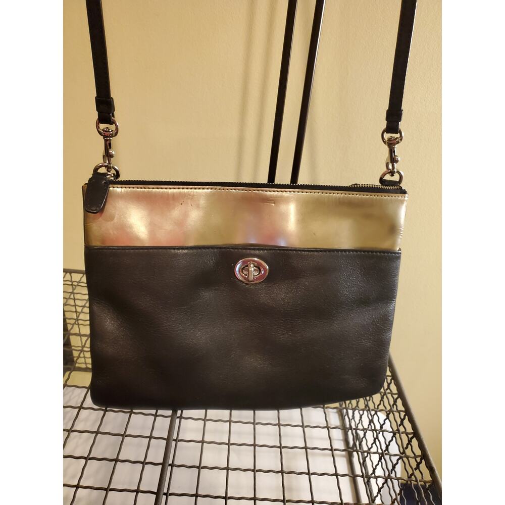 Coach Legacy Turnlock Mirror Metallic Leather Crossbody Shoulder Bag Black Gold
